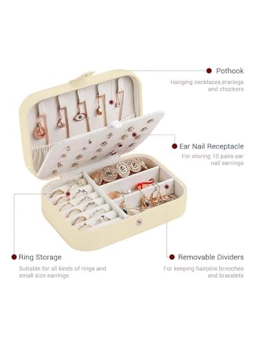 Image of Cortina Jewellery Organiser PU Leather Zipper | Portable Storage Box Case with Dividers | Container for Rings, Earrings, Necklace Home Organizer - Cream