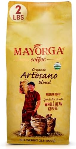 Mayorga Organic Coffee 2lb Artesano Blend - Medium Roast Whole Bean Coffee Speciality Grade, 100% Arabica, Slow Roasted, Chocolate and Nutty Flavor with Low Acidity - USDA Organic, Non-GMO, Kosher