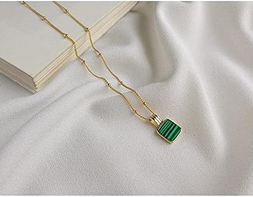 TrueGem | Green Pendant | Green Square Pendant | MALACHITE SQUARE CHARM NECKLACE | Temple Green Square Pendant Necklace | Green Stone Square Necklace For Women| Stainless Steel Necklace Women