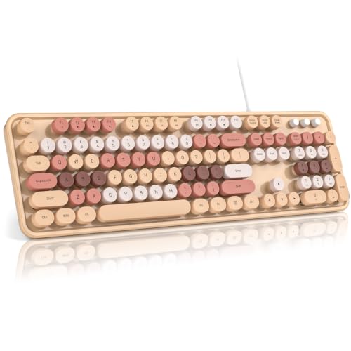 Image of MOFII Wired Keyboard, Cute Colorful Milk Tea Colorful Retro Typewriter Keyboard with Round Keys, USB Computer Keyboard for PC, Laptop, Desktop, Windows | USB Plug and Play, for Laptop, PC, Desktop, Windows (Milk Tea Colorful)