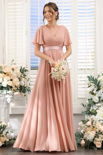 Image of TIRAS Women's Ruched Chiffon Mauve Bridesmaid Dresses Plus Size with Pockets Simple V Neck Formal Dress Long with Flutter Sleeves 2025 Plus Size 18W