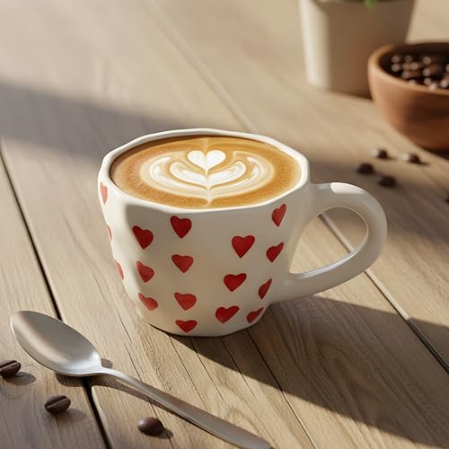 Hearts Print Ceramic Coffee Mug 250 ml | White and Red | Tea Coff...