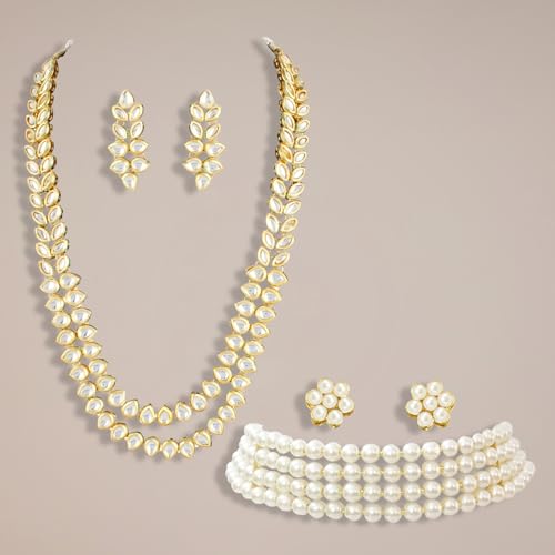 Image of Peora Kundan Faux Pearl Necklace & Jewellery Set Gift for Women
