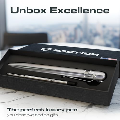 BASTION Stainless Steel Bolt Action Pen with Gift Case - Luxury Retractable Metal Pen - Ink Refillable Office Business Pocket EDDC Writing Ballpoint Pens for Men and Women