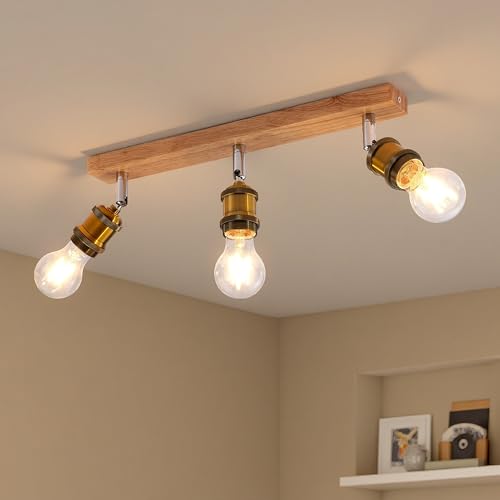 Beleben Adjustable 3 Way Ceiling Light Fixture Rotatable Wooden Spotlight Retro Ceiling Fitting with E27 Bulb Sockets for Bedroom, Living Room, Kitchen,Hallway,Lounge (Bulbs Not Included)
