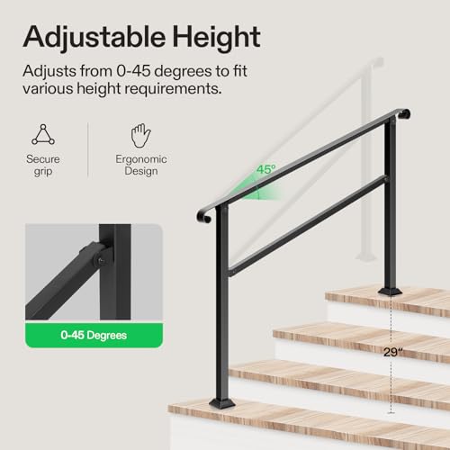 Image of VIVOSUN Outdoor Handrail, 54 inch x 36 inch Fits 1-4 Steps, Wrought Iron Stair Railing with Curved Ends, One-Step Assembly, Black