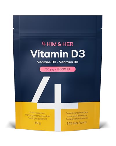 4 HIM & HER Vitamina D3 2000 UI – Comprimidos de Vitamina D3 – 365 Comprimidos – Apoyo al Sistema Inmunitario y Los Huesos – Vegetariano, Sin Gluten y Sin Lactosa