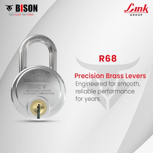 Image of Link Bison 68mm Heavy Duty Padlock | Lock for Home Door, Office, Shop, Travel | Hardened Steel Shackle, | Double Locking System | High Precision 4 Keys | 2 Lakh Key Combinations | 10 Years Warranty