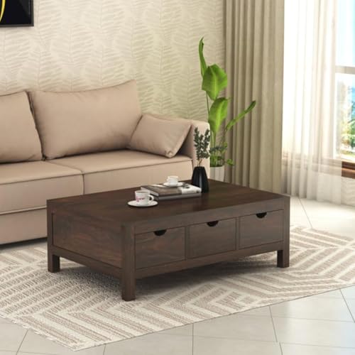 Image of MAMTA DECORATION Solid Sheesham Wood Coffee Table for Living Room | Wooden Center Table with 3 Drawers Storage for Home, Hall & Lounge | Modern Tea Table | Rectangular Coffee Table | Walnut Finish