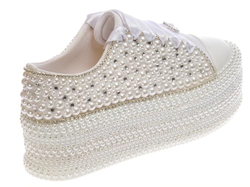 White Pearl and Crystal Embellished Bridal Sneakers - 5cm (2IN) Platform Height, Flat Wedding Shoes (8 US)