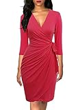 Berydress Women's Classic 3/4 Sleeve V Neck Sheath Casual Party Work Faux Wrap Dress (XL, 6083-Coral)