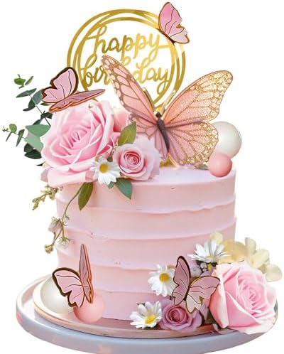 Pink Flower Butterfly Cake Toppers Happy Birthday Decoration with...