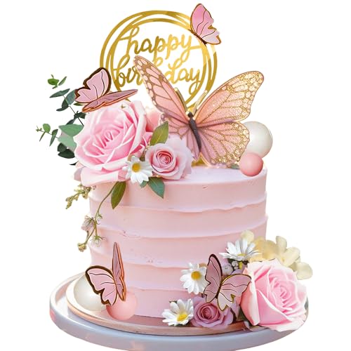 Pink Flower Butterfly Cake Toppers Happy Birthday Decoration with Artificial Pink Rose Flowers Eucalyptus for Birthday Wedding Spring