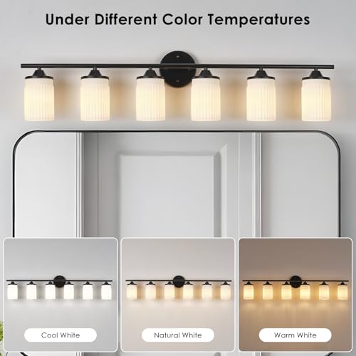 Image of Jonsi Black Bathroom Light Fixtures 6-Light Vanity Lights Modern Wall Sconce with Milk White Shade Brushed Brass Bathroom Light Fixture Over Mirror for Bedroom Hallway Kitchen