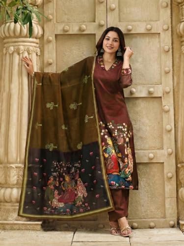 Image of ANNI Designer Women Viscose Blend Printed Straight Kurta with Pant and Dupatta | Ladies Kurta Pant Dupatta Set | Women Ethnic Wear Dress | Indian Traditional Clothing for Girl