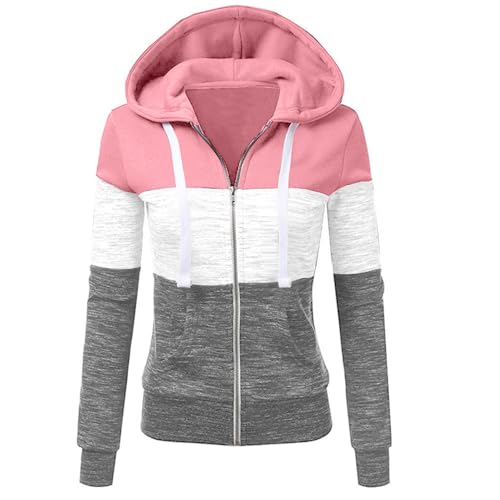 Newbestyle Hoodies for Women Color Block Hooded Sweatshirt Basic Zip-Up Jersey Jacket Long Sleeve Top with Pockets Plus Size Pink XS