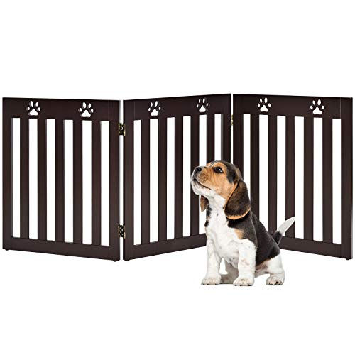 COSTWAY Barrière de Sécurité en Bois Pliable pour Animaux de Compagnie, Portail pour Chiens avec Charnières Flexibles à 360° et 3 Panneaux pour Maison, Escalier Porte, 60CM, Blanc/Marron (Marron)