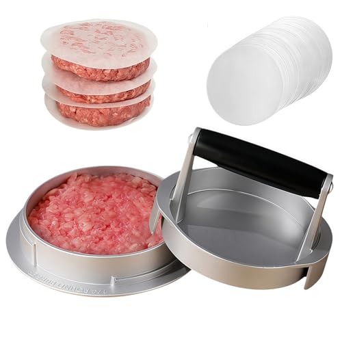 Ymoryiyi Burgerpresse 14cm mit 100 Silikonpapiere, Aluminium Hamburgerpresse 3-stufig verstellbar für 1/4, 1/3, 1/2 lb Patties, Antihaft & Holzgriff