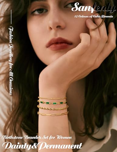 Sanfenly Gold Birthstone Bracelets for Women Waterproof Non Tarnish Dainty 14K Gold Plated Stackable Bracelet Emerald Green Friendship Bracelets Jewelry Gift for Mom2