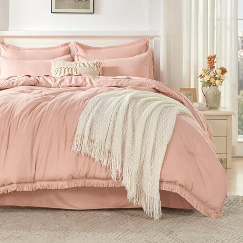Image of Andency Oversized King Comforter Set with Sheets 120x120 Pink - 7 Pieces Boho Tassel Bed in a Bag Soft Lightweight Bedding Sets, Fringe Bed Set with Comforter, Sheets, Pillowcases & Shams