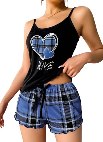 Image of ROSVAJFY Women's Cami Shorts Pajama Set Plaid Love Heart Lingerie Sleepwear Nightwear for Ladies (UK, Alpha, M, Regular, Regular, Blue)