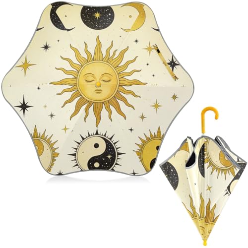 Paraguas para niños pequeños con estampado místico de sol y luna con tira reflectante