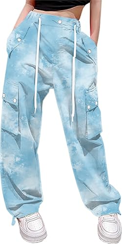 Image of Cromoncent Cargo Pants Girls & Women Parachute Pants Y2K Baggy Rave Clothes Waterproof with Pockets, 6 Years - 3XL