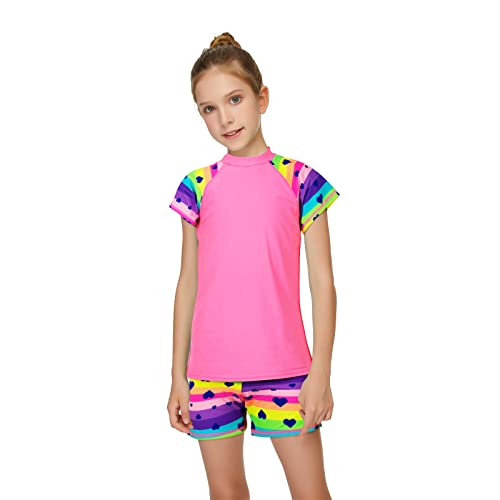 Girls Rash Guard Swimsuit Set Short Sleeve Two Piece Swimwear Upf 50+ Sun Protection Water Beach Bathing Shirts(L) #TOP2