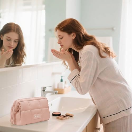 Image of Puffy Makeup Bag Travel Toiletry Bag, Waterproof Make Up Bag for Women, Lightweight Wide-open Cosmetic Bag with Multiple Compartments, Pouch Travel Essentials Toiletries, Pink