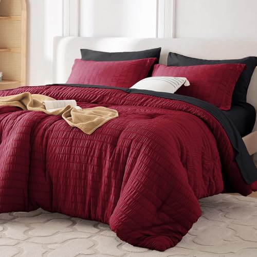 Image of MUXHOMO 7 Pieces King Comforter Set, Seersucker Bed in a Bag King Size, All Season Luxury Bedding Set with Comforter, Flat Sheet, Fitted Sheet, Pillowcases & Shams, Red & Black