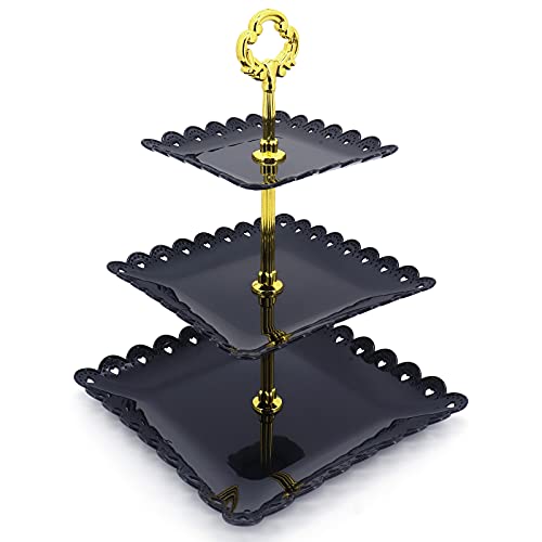 Support à gâteau en Plastique à 3 Niveaux, Support à Dessert réutilisable, Support à pâtisserie pour la décoration de la Maison de Mariage de thé de l'après-midi (Noir) Cover