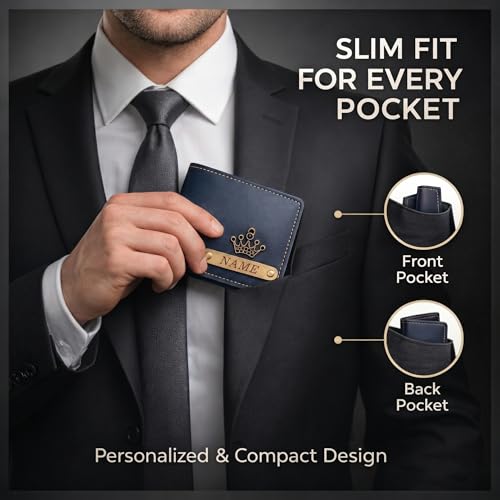Image of Customized Wallet for Men with Name & Charm (Blue) | Personalised Stylish Leather Wallet for Boy | Personalized Unique Gift with Card Slots & Cash Compartment for Boys, Employees