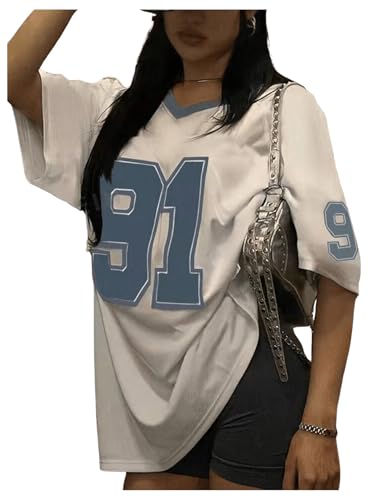 SOLY HUX Girl's Jersey Shirts Number Graphic Tees V Neck Drop Shoulder Short Sleeve Loose Y2k Tops