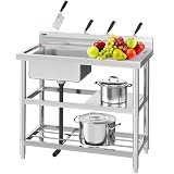 YITAHOME NSF Stainless Steel Single Bowl Sink Freestanding Commercial Kitchen Sink with Drainboard and Double Shelves for Restaurants, Outdoor Utility Sink with Legs 39in