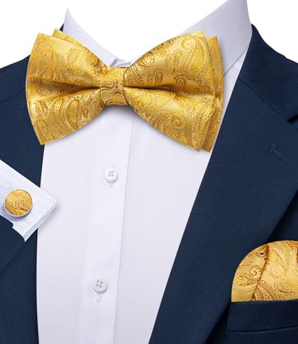 Image of YOHOWA Mens Bow Tie Set Paisley Pre-tied Bowties Adjustable with Handkerchief Cufflinks Gold Ring Set Wedding Prom Party