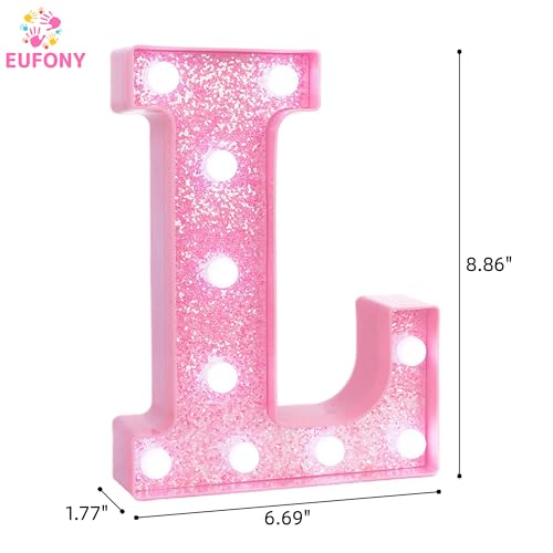 Image of Pink Marquee Light Up Letters, Glitter Alphabet LED Letter Lights for Pink Birthday Party Decorations, Battery Operated Letter Sign for Girls Room Vanity Table Decor, Cool White Lights Letter L