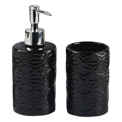 Image of Kookee Ceramic Bathroom Set - Stylish 2 Piece Bath Accessories Kit with Soap Dispenser, Toothbrush Holder - Modern & Designer Decor for Home & Guest Bathrooms, Black (11112)