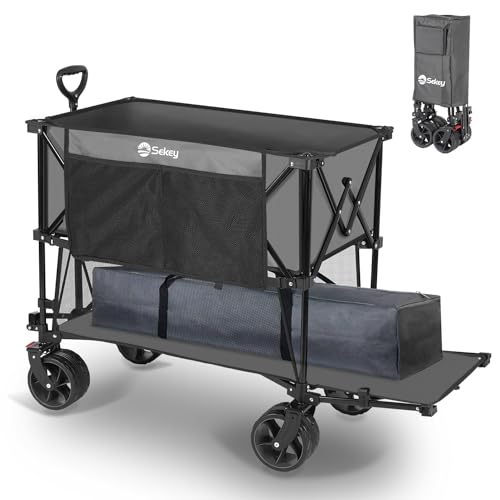 Sekey XXXXL Bollerwagen Faltbar 350L mit Extra Breite Reifen 17x10cm, Faltbarer Bollerwagen Strandwagen Transportwagen Zusammenfaltbar aus 4 Richtungen, 4XL-Doppel 4021, Grau – Bild 8