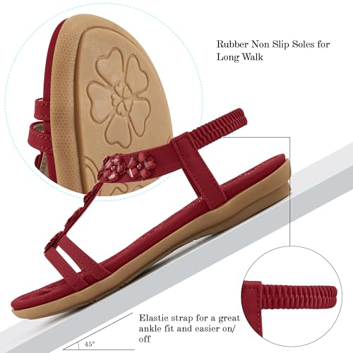Image of HARENCE Summer Flat Sandals for Women: Comfortable Bohemian Beaded Flats Shoes Elastic Ankle Strap Casual Walking Slip On Dress Sandal
