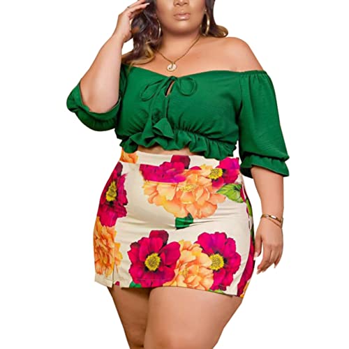 Image of Women Plus Size Skirt Two Piece Outfit Short Sleeve Off The Shoulder Crop Top shorts Dress Suit Set