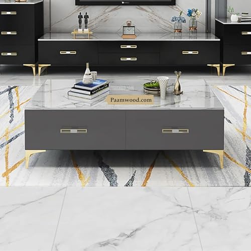 Image of Furo Premium Marble-Top Wooden Center Table for Living Room | PVD Coating Iron Legs| Modern Entryway Furniture | Coffee Table - 42x24x17 Inch (Grey)