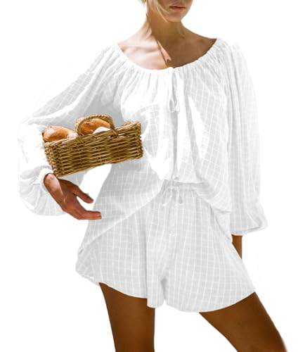 Image of Women Plaid Bubble Oversize Long Sleeve Top Shorts 2 Piece Cozy Beach Vacation Outfits Lounge Set Tracksuits
