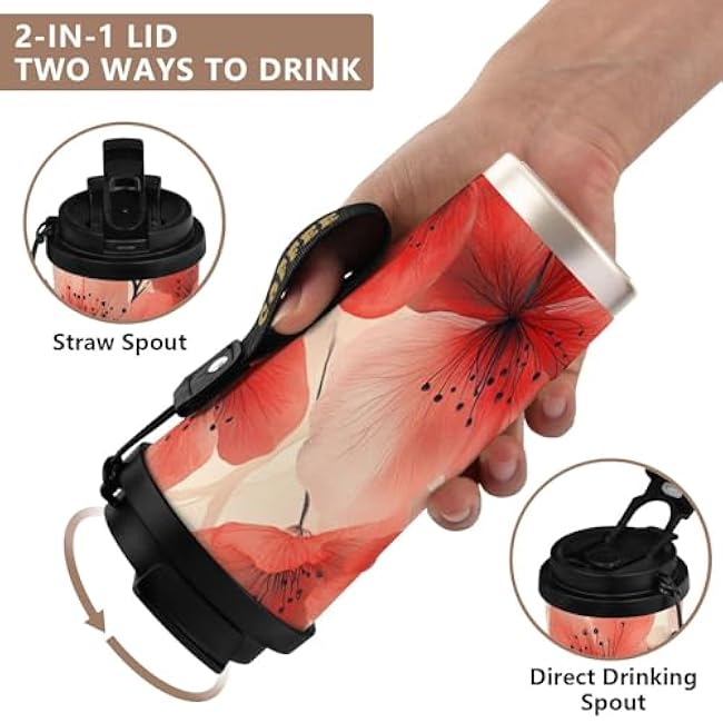 17 oz Insulated Coffee Mug Red Florals Watercolor with Straw and Leak Proof Lid Double Wall Water Bottle Stainless Steel Vacuum Thermal Travel Drinking Cup for Hot/Cold Drink
