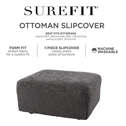 Surefit Stretch Jacquard Damask Box Cushion Ottoman Covers Slipcover, Form Fit, Polyester/Spandex, Machine Washable, Gray #TOP3