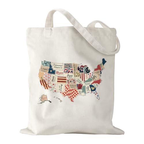 BQXS 4th of July Patriotic Tote Bag for Women America Memorial Day Independence Day Canvas Bag for Women Grocery Shopping Travel Gym Weekender Vacation - Blue Red Map Pattern