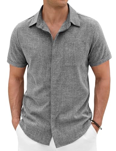 Xnova Camisa de Manga Corta Hombre Color Sólido Camisetas con Botones Ocultos Bluse de Formales e Informales (Gris 01, L)