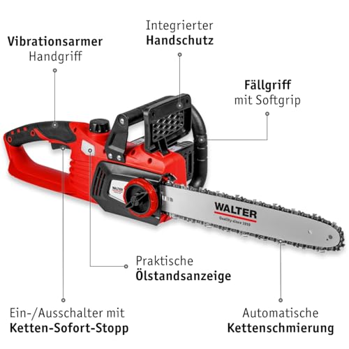 WALTER Li-Ion Akku-Kettensäge 40 V brushless, Kettengeschwindigkeit 13 m/s, Schnittlänge 350 mm, kraftvolle Leistung, leichte Handhabung, ca. 30 min Laufzeit, inkl. Schwert, Sägekette und 2 Akkus – Bild 3