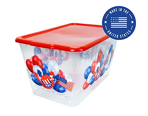 Image of SIMPLYKLEEN Storage Totes with Lids 4PC - Made in USA 14.5-Gallon Colorful Printed Decorative Design Storage Boxes Storage Bins with Lids Plastic Storage Containers for Organizer Red /Patriotic Balls