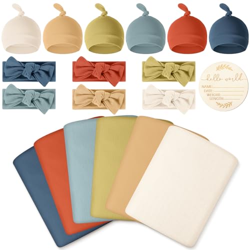 Image of ramede 19 Pcs Baby Newborn Receiving Blankets with Headband Beanie Set 31.5 x 31.5 Inch Stretch Swaddle Nursery Swaddling Wrap Blanket Christmas Baby Gift for Newborn Infant Toddler(Neutral Color)