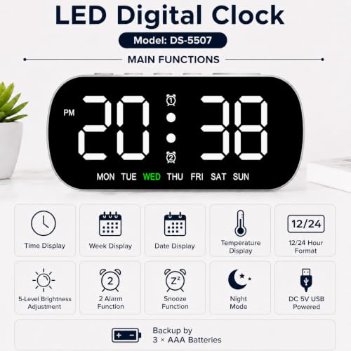 Image of AERYS Digital LED Alarm Clock with1 Year Warranty Dual Alarm, Day & Time Display, Large LED Screen, 12 /24 Hour Format, Snooze Function, Table Clock for Bedroom, Office, Students & Home Decor